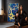 Quadro Decorativo Minimalista Azul e Vibrante | quadros decorativos para sala | Composição abstrata com formas fluidas em dourado sobre fundo azul profundo e gestual | em Quadros para Sala | Porao dos Quadros