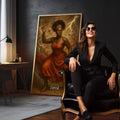 Quadro Decorativo Orixá Iansã: Vento e Coragem | quadros decorativos para sala | Figura feminina em vermelho com raios dourados, borboletas e energia divina em composição realista. | em Quadros para Sala | Porao dos Quadros