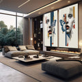 Quadro Decorativo Mulher Abstrata e Enigmática | quadros decorativos para sala | Rosto feminino fragmentado com borboletas azuis e linhas geométricas coloridas em painel de duas telas | em Quadros para Sala | Porao dos Quadros