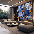 Quadro Decorativo Feminino Flores & Serenidade | quadros decorativos para sala | Flores brancas e douradas em composição delicada sobre fundo azul marinho estrelado. | em Quadros para Sala | Porao dos Quadros