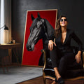 Quadro Decorativo Cavalo Negro em Vermelho | quadros decorativos para sala | Cavalo preto e cinza em perfil com fundo vermelho vibrante, composição vertical realista. | em Quadros para Sala | Porao dos Quadros