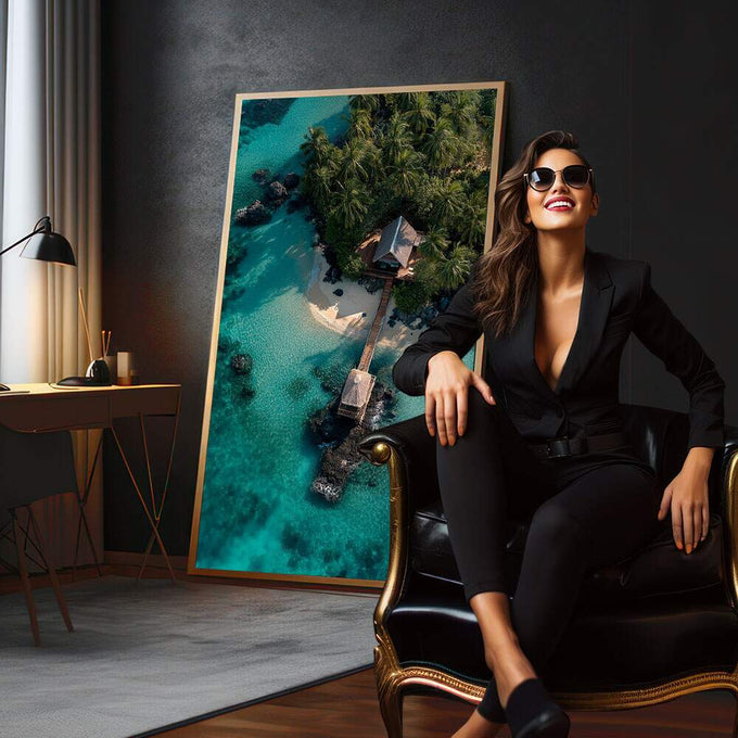 Quadro Decorativo Isle of Serenity | quadros decorativos para sala | Vista aérea de praia tropical com pier de madeira, água turquesa cristalina e vegetação verde. | em Quadros para Sala | Porao dos Quadros