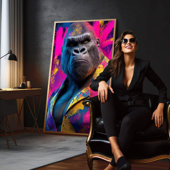 Quadro Decorativo Gorila Estilizado | quadros decorativos para sala | Macaco em cores vibrantes rosa, azul e ouro com estilo abstrato expressivo | em Quadros para Sala | Porao dos Quadros