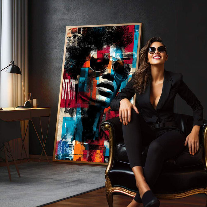 Quadro Decorativo: Estilo Urbano e Vibrante | quadros decorativos para sala | Rosto com óculos em colagem urbana com cores vibrantes vermelho, azul, laranja e preto. | em Quadros para Sala | Porao dos Quadros