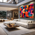 Quadro Decorativo Abstrato Vibrante | quadros decorativos para sala | Composição geométrica abstrata com cúpulas e semicírculos em laranja, azul, vermelho e rosa vibrantes sobre fundo preto. | em Quadros para Sala | Porao dos Quadros