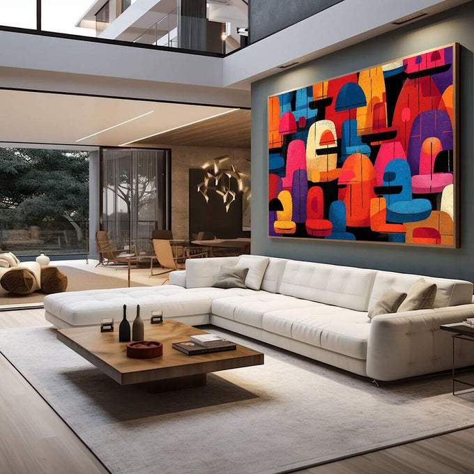 Quadro Decorativo Abstrato Vibrante | quadros decorativos para sala | Composição geométrica abstrata com cúpulas e semicírculos em laranja, azul, vermelho e rosa vibrantes sobre fundo preto. | em Quadros para Sala | Porao dos Quadros