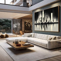 Quadro Decorativo Urbano Moderna | quadros decorativos para sala | Skyline urbano em preto e branco com reflexo simétrico em água, técnica pontilhista | em Quadros para Sala | Porao dos Quadros