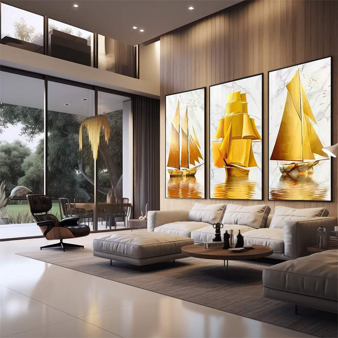 Quadro Decorativo Navegação Dourada - Inspiração Única | quadros decorativos para sala | Três veleiros com velas douradas navegando em água com reflexos luminosos e tons quentes. | em Quadros para Sala | Porao dos Quadros