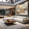 Quadro Decorativo Lótus Branca e Serenidade | quadros decorativos para sala | Flores lótus brancas com texturas douradas e cinzentas em composição abstrata moderna | em Quadros para Sala | Porao dos Quadros
