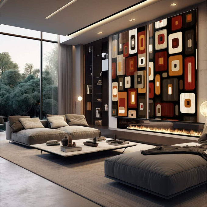 Quadro Decorativo Geometria Vibrante | quadros decorativos para sala | Padrão geométrico retrô em tons de terracota, laranja, bege e preto com texturas modulares | em Quadros para Sala | Porao dos Quadros