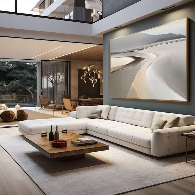 Quadro Decorativo Serenidade de Areia | quadros decorativos para sala | Paisagem abstrata com formas fluidas em tons de bege, cinza e branco com perspectiva serena. | em Quadros para Sala | Porao dos Quadros