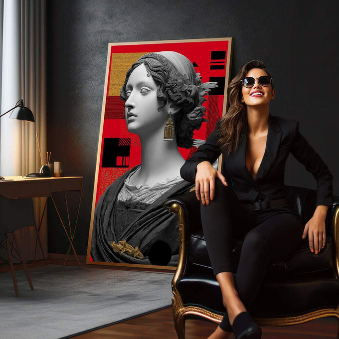 Quadro Decorativo Elegância Moderna | quadros decorativos para sala | Busto clássico em branco e cinza sobre fundo vermelho vibrante com detalhes em dourado e preto. | em Quadros para Sala | Porao dos Quadros