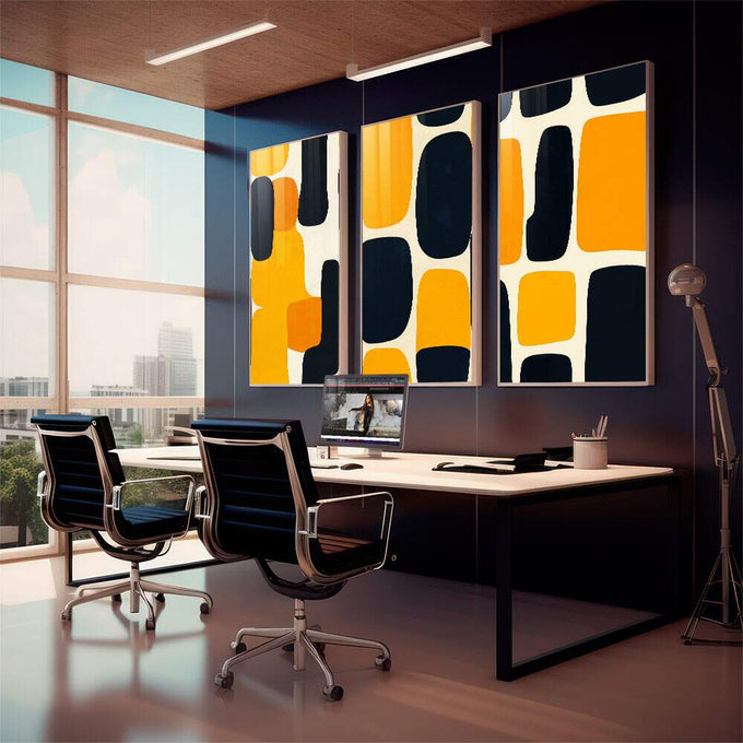 Quadro Abstrato Tríptico Moderno em Amarelo e Preto | quadros decorativos para sala | Três painéis com formas geométricas em amarelo vibrante e preto em composição abstrata moderna | em Quadros para Sala | Porao dos Quadros