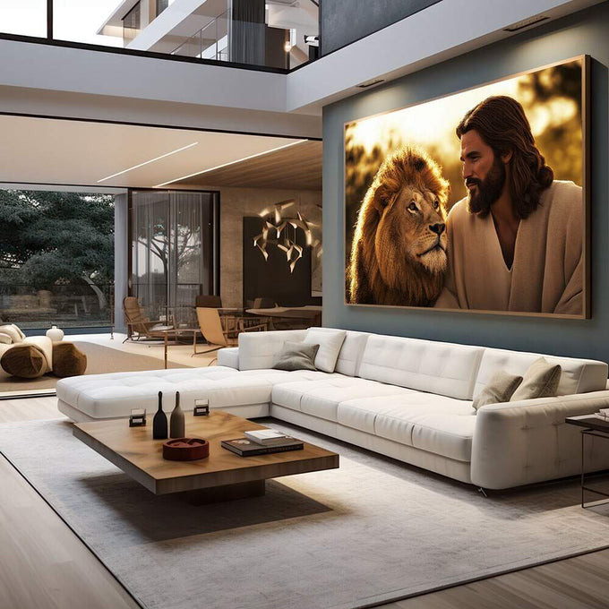 Quadro Decorativo - Simbiose de Força e Serenidade | quadros decorativos para sala | Homem e leão em harmonia dourada com luz natural envolvente e composição simbólica profunda | em Quadros para Sala | Porao dos Quadros