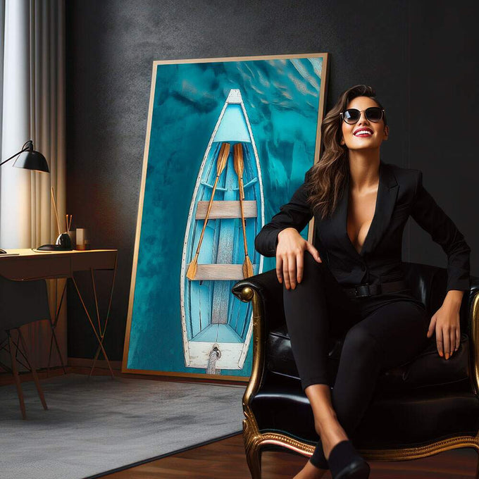 Quadro Decorativo Canoa Serene Moderna | quadros decorativos para sala | Barco azul e branco flutuando em águas turquesas vistas de cima com sombra e detalhes de cordas laranja. | em Quadros para Sala | Porao dos Quadros