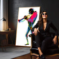 Quadro Decorativo Músico Vibrante | quadros decorativos para sala | Músico tocando trompete em silhueta neon com cores vibrantes amarelo, azul, rosa e verde | em Quadros para Sala | Porao dos Quadros