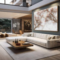 Quadro Decorativo - Elegância Floral em Mármore | quadros decorativos para sala | Ramos de cerejeira em flor rosa e branca sobre fundo de mármore em tons bege e cinza | em Quadros para Sala | Porao dos Quadros