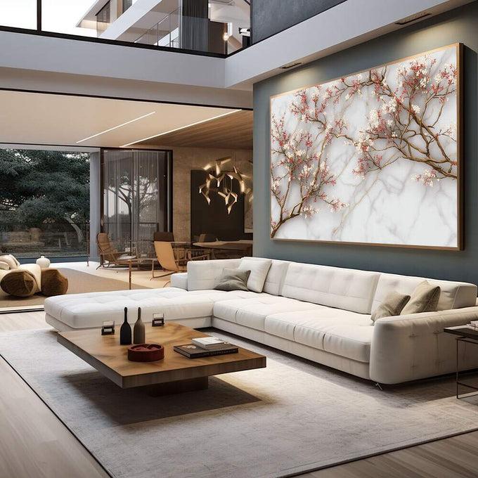 Quadro Decorativo - Elegância Floral em Mármore | quadros decorativos para sala | Ramos de cerejeira em flor rosa e branca sobre fundo de mármore em tons bege e cinza | em Quadros para Sala | Porao dos Quadros