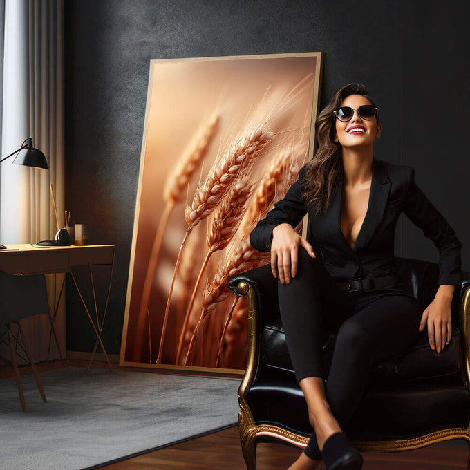 Quadro Decorativo Espigas de Trigo Douradas | quadros decorativos para sala | Trigo dourado em campo com luz natural iluminando espigas em composição realista e fotográfica | em Quadros para Sala | Porao dos Quadros