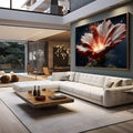 Quadro Decorativo Hibisco Radiante Sofisticado | quadros decorativos para sala | Flor vermelha com pétalas abertas em explosão de luz branca e movimento dinâmico. | em Quadros para Sala | Porao dos Quadros