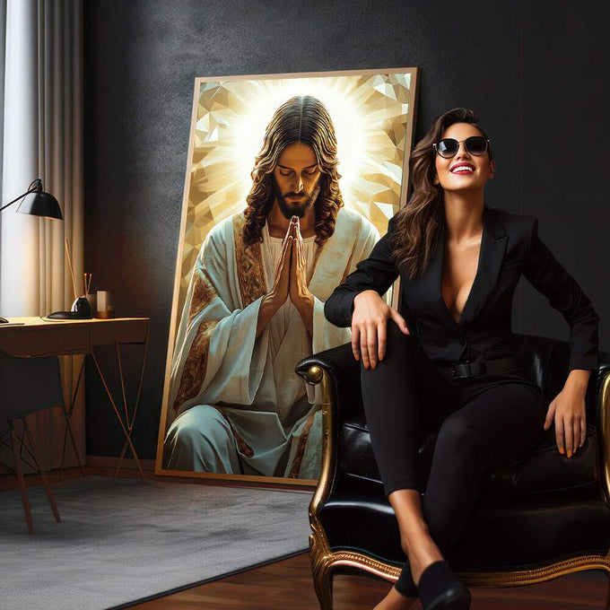 Quadro Decorativo Contemplação Dourada Espiritual | quadros decorativos para sala | Jesus em oração com luz dourada e fundo geométrico em tons pastel | em Quadros para Sala | Porao dos Quadros