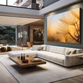 Quadro Decorativo Flores Serenas | quadros decorativos para sala | Dente-de-leão dourado com luz natural ao entardecer, sementes em detalhe preciso | em Quadros para Sala | Porao dos Quadros