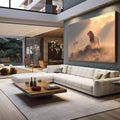 Quadro Decorativo Majestade Espiritual do Leão | quadros decorativos para sala | Leão majestoso em luz dourada com nuvens envolventes em composição realista. | em Quadros para Sala | Porao dos Quadros