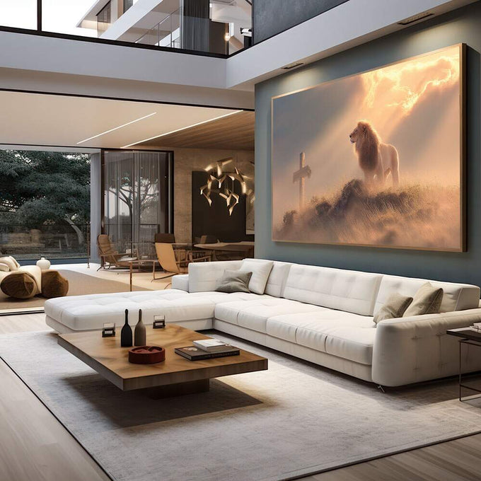 Quadro Decorativo Majestade Espiritual do Leão | quadros decorativos para sala | Leão majestoso em luz dourada com nuvens envolventes em composição realista. | em Quadros para Sala | Porao dos Quadros