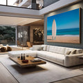Quadro Decorativo Praia e Liberdade | quadros decorativos para sala | Prancha de surf branca em areia dourada com oceano azul turqueso ao fundo | em Quadros para Sala | Porao dos Quadros