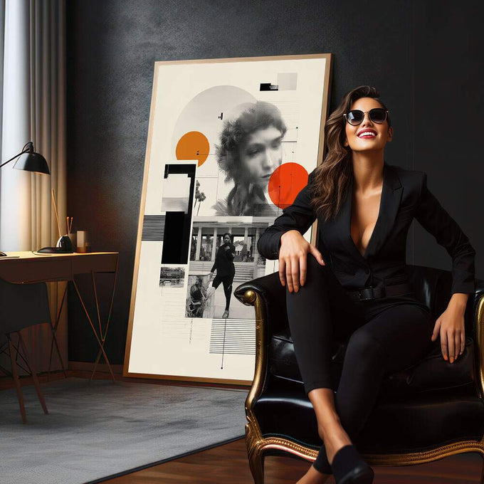 Quadro Decorativo Minimalista Enigmático Moderno | quadros decorativos para sala | Colagem abstrata com círculos vermelho e laranja sobre fundo preto, branco e cinza com sobreposição de retratos | em Quadros para Sala | Porao dos Quadros