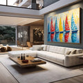 Quadro Decorativo Alto-Mar Vibrante e Livre | quadros decorativos para sala | Sete veleiros coloridos com reflexos em água espelhada e luz vibrante | em Quadros para Sala | Porao dos Quadros