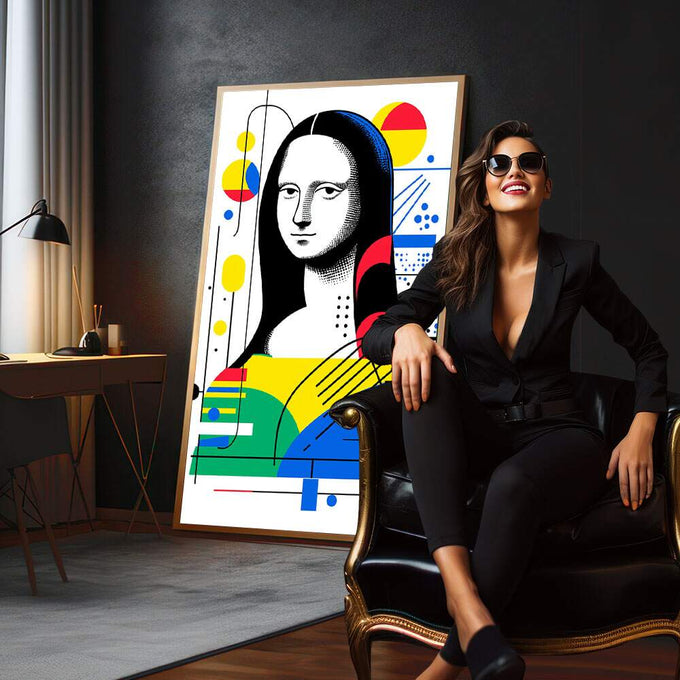 Quadro Decorativo - Mona Lisa Geométrica | quadros decorativos para sala | Mona Lisa em pop art com formas geométricas coloridas em amarelo, azul e vermelho | em Quadros para Sala | Porao dos Quadros