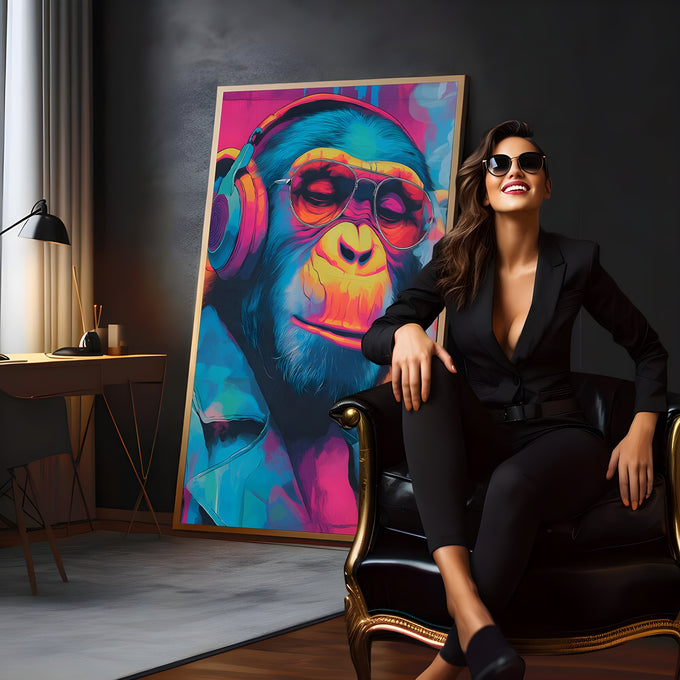 Chimpanzé pop art neon azul e rosa com fones, óculos aviador e charuto, quadro decorativo