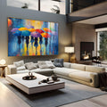 Silhuetas de mulheres com guarda-chuvas coloridos caminhando na chuva em tons de azul, quadro decorativo