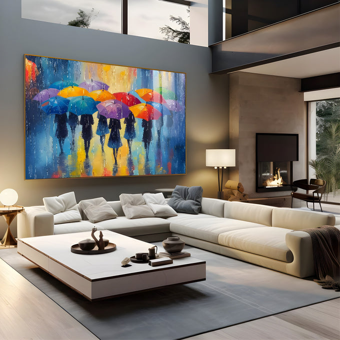 Silhuetas de mulheres com guarda-chuvas coloridos caminhando na chuva em tons de azul, quadro decorativo