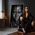 Quadro Decorativo Rosto Humano em Preto e Branco | quadros decorativos para sala | Rosto africano em preto com padrões geométricos brancos em composição simétrica e hipnotizante | em Quadros para Sala | Porao dos Quadros