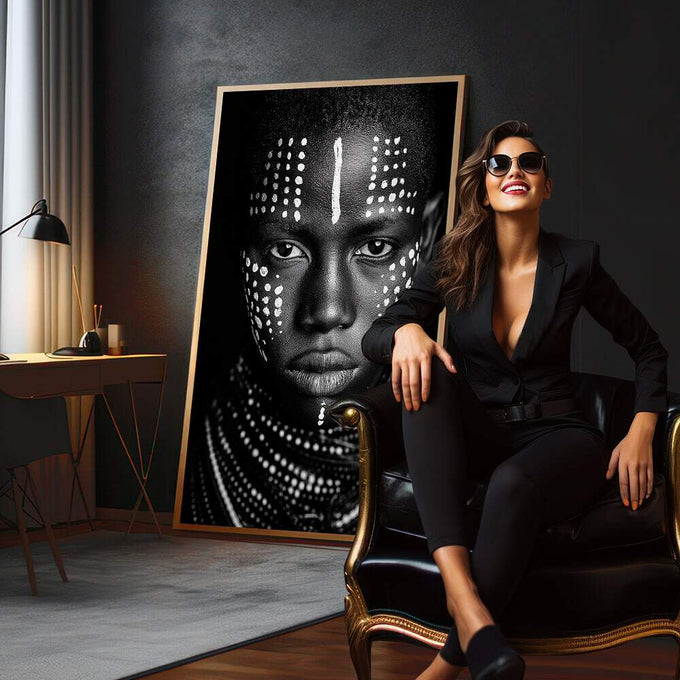 Quadro Decorativo Rosto Humano em Preto e Branco | quadros decorativos para sala | Rosto africano em preto com padrões geométricos brancos em composição simétrica e hipnotizante | em Quadros para Sala | Porao dos Quadros