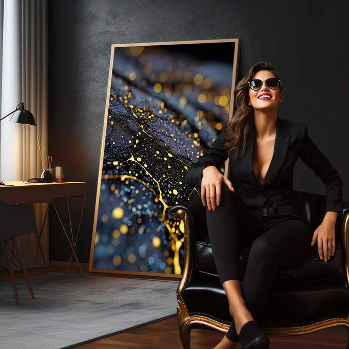 Quadro Decorativo Misteriosa Elegância Abstracta | quadros decorativos para sala | Abstrato com partículas douradas em movimento contra fundo azul escuro profundo. | em Quadros para Sala | Porao dos Quadros