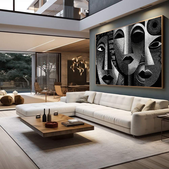 Quadro Decorativo Rostos Estilizados em Preto e Branco | quadros decorativos para sala | Rostos abstratos em preto e branco com textura pontilhista em composição múltipla | em Quadros para Sala | Porao dos Quadros