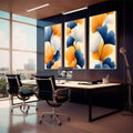 Quadro Decorativo de Flores Abstratas  Elegância em Cores Vibrantes | quadros decorativos para sala | Flores gingko em azul, laranja e branco com textura radiográfica em três telas | em Quadros para Sala | Porao dos Quadros