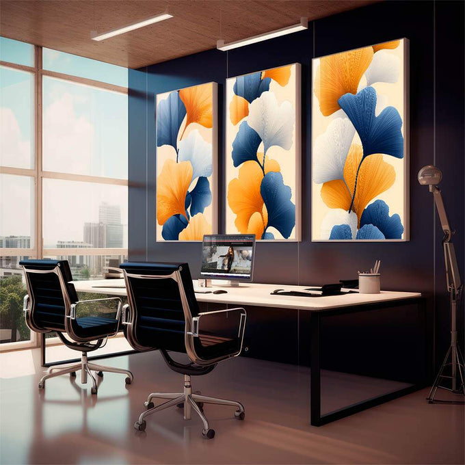 Quadro Decorativo de Flores Abstratas  Elegância em Cores Vibrantes | quadros decorativos para sala | Flores gingko em azul, laranja e branco com textura radiográfica em três telas | em Quadros para Sala | Porao dos Quadros