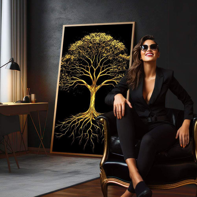 Quadro Decorativo Árvore Dourada | quadros decorativos para sala | Árvore dourada radiante com raízes profundas em fundo preto absoluto. | em Quadros para Sala | Porao dos Quadros