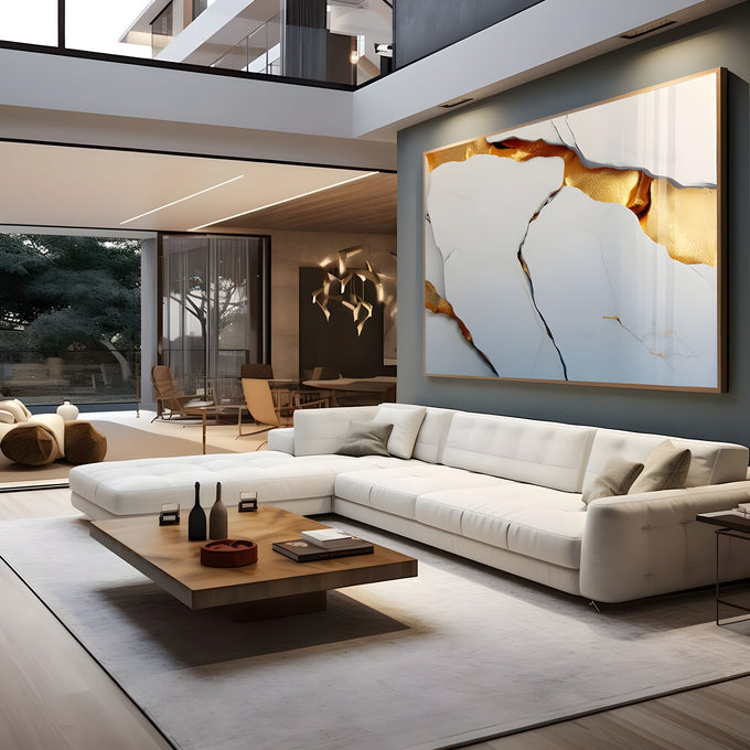 Mármore branco com leve tom azulado e rachaduras preenchidas por veios de ouro, quadro decorativo