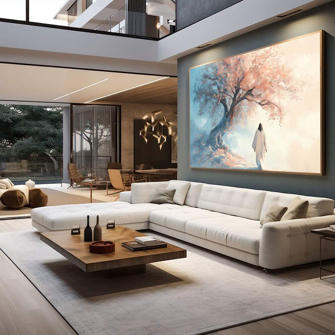 Quadro Decorativo Caminho da Serenidade | quadros decorativos para sala | Mulher em branco caminhando em direção a árvore sakura rosa e bege com floresta azul ao fundo | em Quadros para Sala | Porao dos Quadros