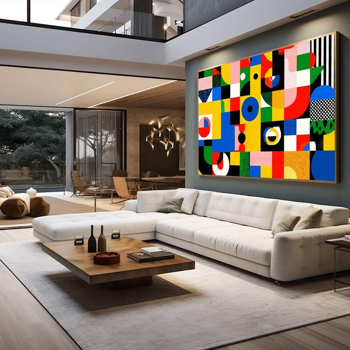 Quadro Decorativo Energizante Moderno | quadros decorativos para sala | Composição geométrica abstrata com círculos, quadrados e padrões em cores primárias vibrantes. | em Quadros para Sala | Porao dos Quadros