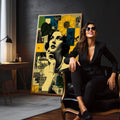Quadro Decorativo Feminino Reflexivo e Moderno | quadros decorativos para sala | Mulher pensativa em preto e branco com girassóis amarelos em composição geométrica colorida. | em Quadros para Sala | Porao dos Quadros