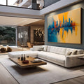 Quadro Decorativo Reflexos Urbanos Inspirador | quadros decorativos para sala | Skyline urbano refletido em água com tons azuis e dourados em composição abstrata | em Quadros para Sala | Porao dos Quadros