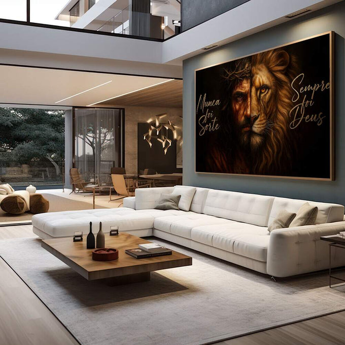 Quadro Decorativo: Força e Sabedoria | quadros decorativos para sala | Jesus e leão em composição dourada com textos religiosos em latim sobre fundo preto. | em Quadros para Sala | Porao dos Quadros