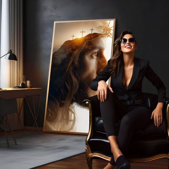 Rosto de Jesus de perfil com coroa de espinhos e monte com três cruzes ao pôr do sol, quadro decorativo