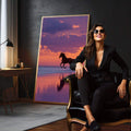 Quadro Decorativo Cavalos ao Entardecer | quadros decorativos para sala | Cavalo em silhueta galopando na praia ao entardecer com reflexo perfeito na água molhada | em Quadros para Sala | Porao dos Quadros
